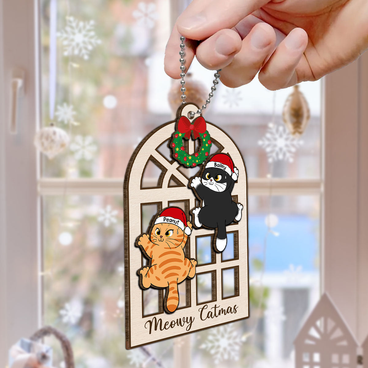 Meowy Catmas Cats Climb Window Personalized 2-Layer Wooden Ornament
