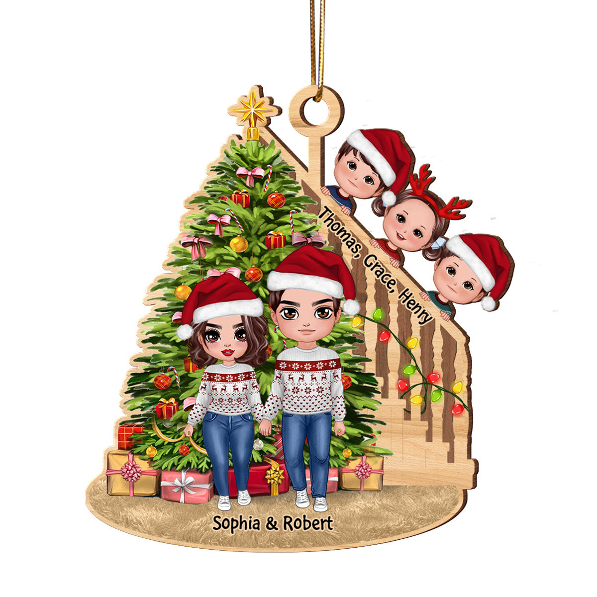 Christmas Tree And Stair Doll Family Personalized Wooden Ornament