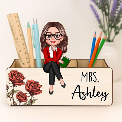 Birth Month Flower Teacher Personalized Pencil Holder, 2-Layer Wooden Plaque, Back To School Gift, Classroom Decor