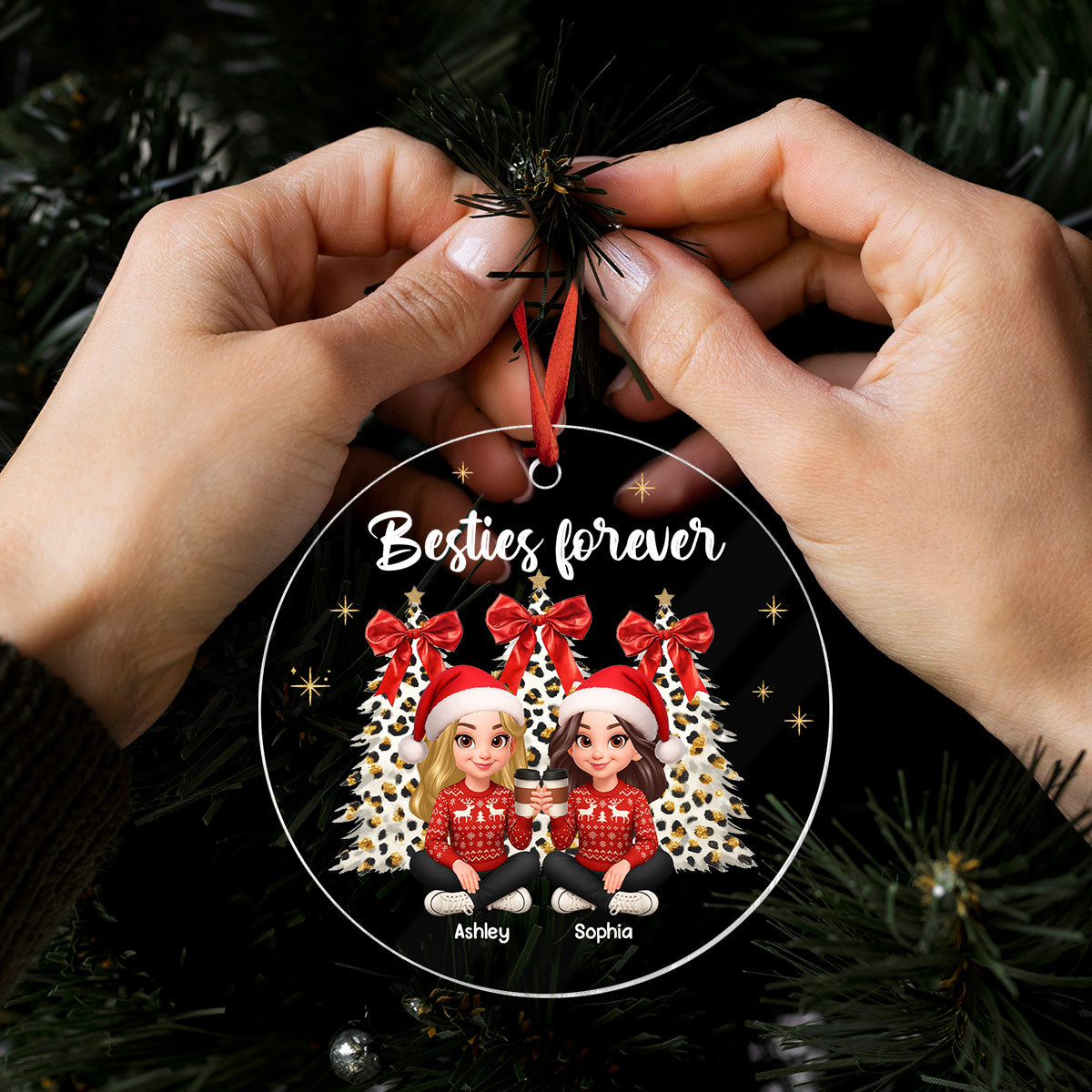 Besties Forever Leopard Coquette Christmas Tree - Personalized Acrylic Ornament