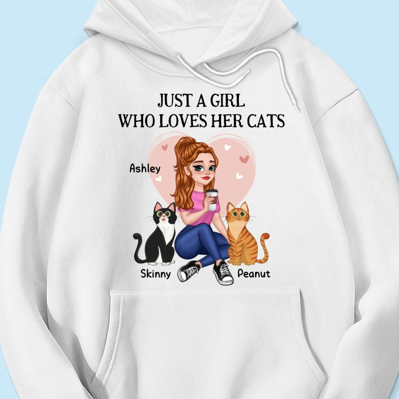 Just A Girl Who Loves Cats Pretty Cartoon Girl Sitting With Cats Personalized Shirt
