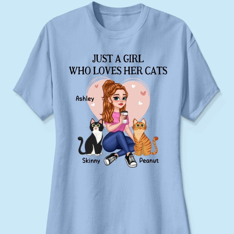 Just A Girl Who Loves Cats Pretty Cartoon Girl Sitting With Cats Personalized Shirt