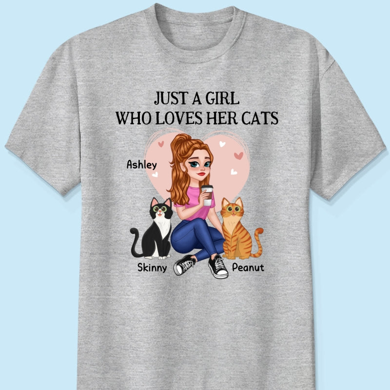 Just A Girl Who Loves Cats Pretty Cartoon Girl Sitting With Cats Personalized Shirt