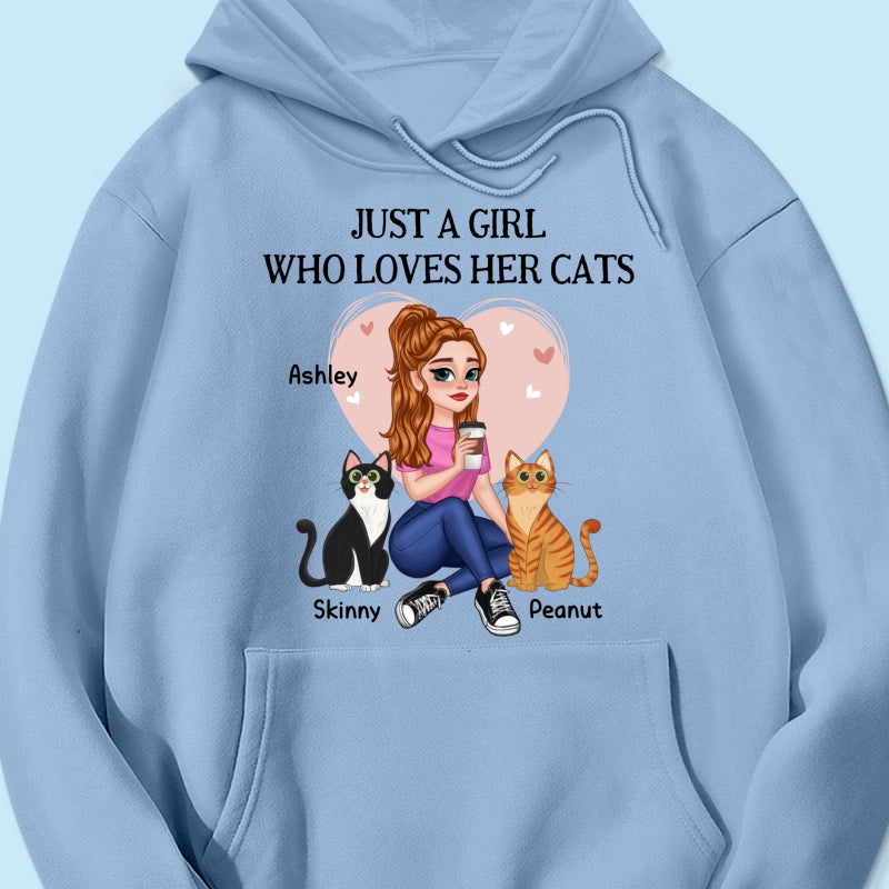 Just A Girl Who Loves Cats Pretty Cartoon Girl Sitting With Cats Personalized Shirt