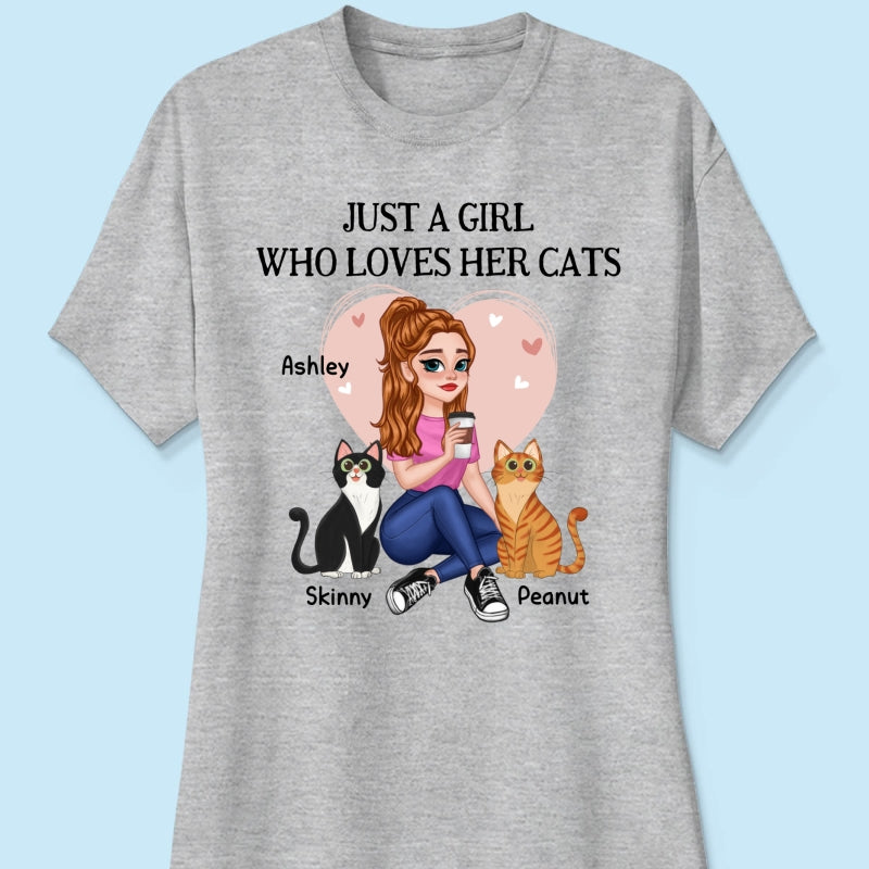 Just A Girl Who Loves Cats Pretty Cartoon Girl Sitting With Cats Personalized Shirt