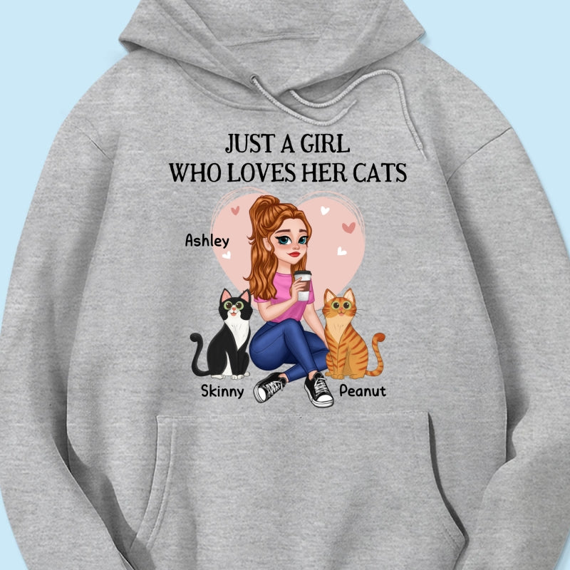 Just A Girl Who Loves Cats Pretty Cartoon Girl Sitting With Cats Personalized Shirt