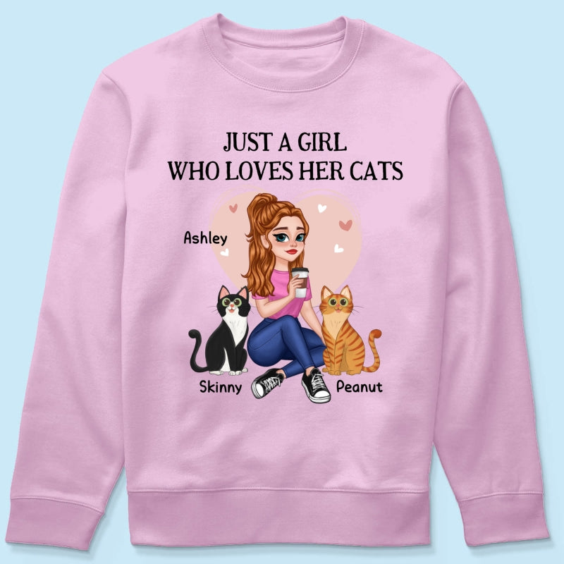 Just A Girl Who Loves Cats Pretty Cartoon Girl Sitting With Cats Personalized Shirt