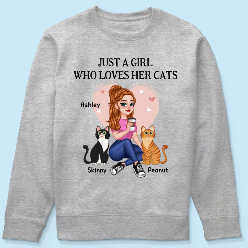 Just A Girl Who Loves Cats Pretty Cartoon Girl Sitting With Cats Personalized Shirt