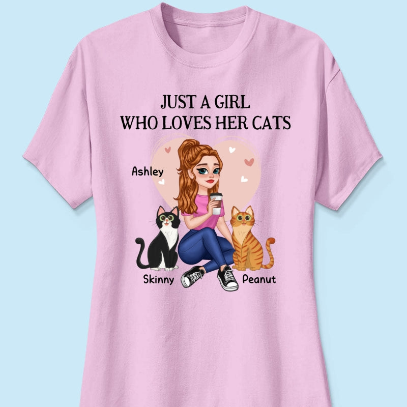 Just A Girl Who Loves Cats Pretty Cartoon Girl Sitting With Cats Personalized Shirt
