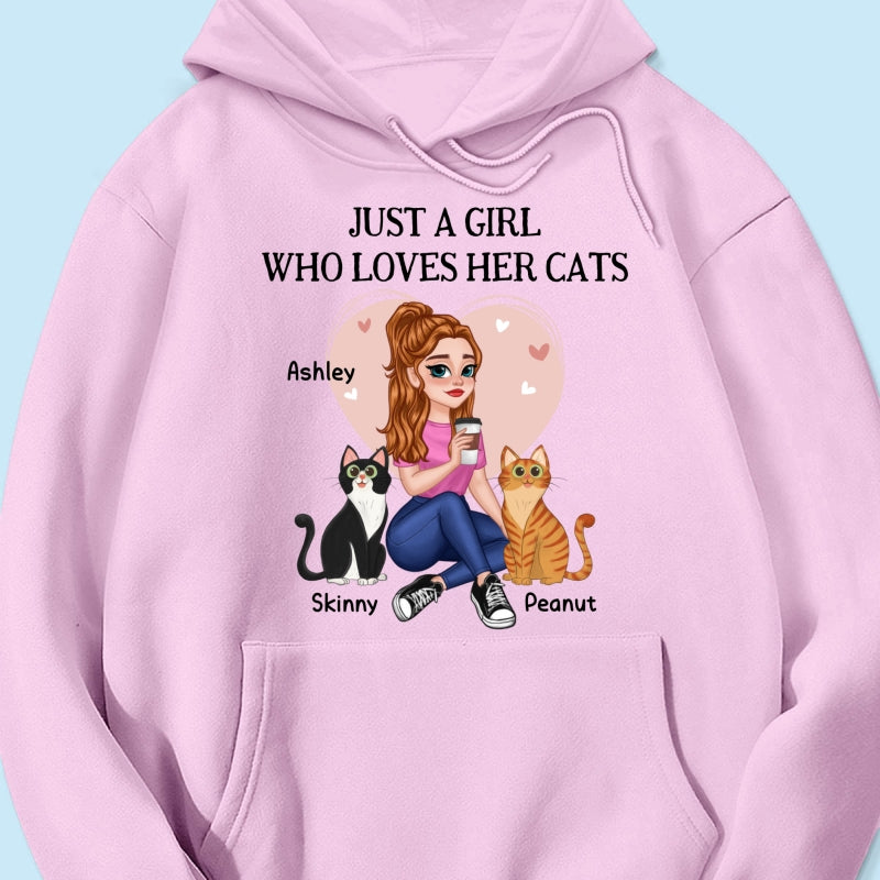 Just A Girl Who Loves Cats Pretty Cartoon Girl Sitting With Cats Personalized Shirt