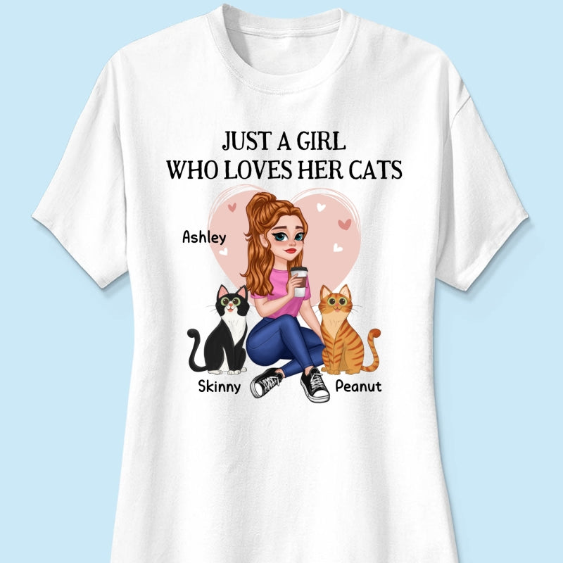 Just A Girl Who Loves Cats Pretty Cartoon Girl Sitting With Cats Personalized Shirt