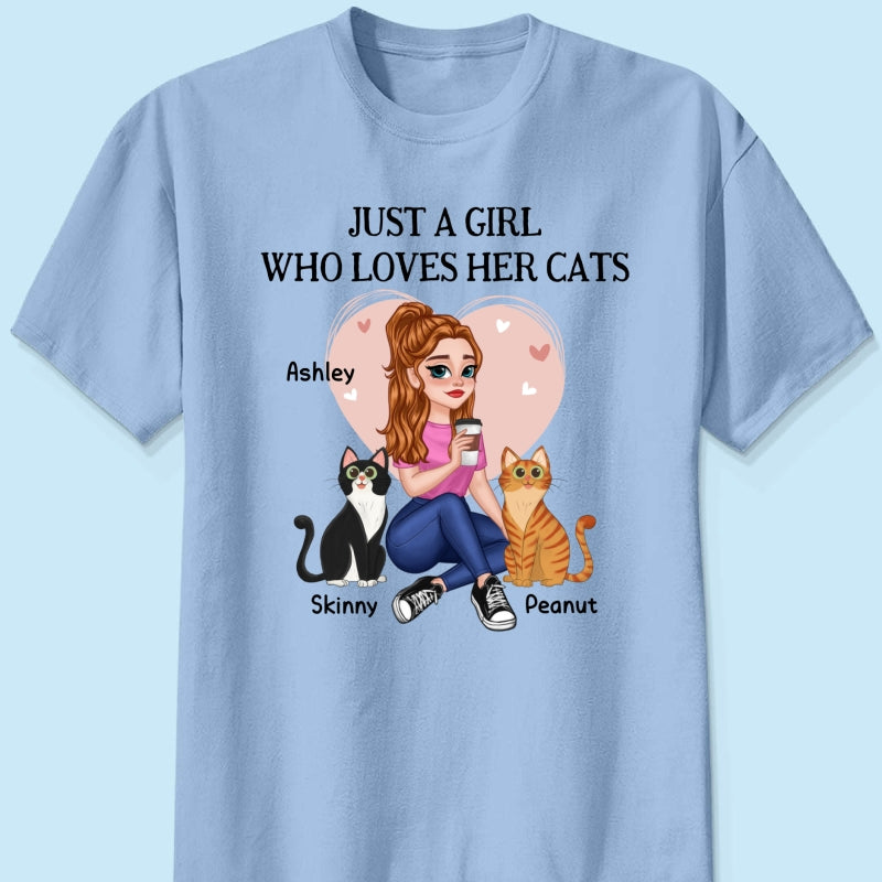 Just A Girl Who Loves Cats Pretty Cartoon Girl Sitting With Cats Personalized Shirt