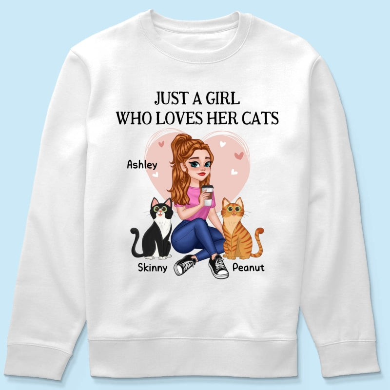 Just A Girl Who Loves Cats Pretty Cartoon Girl Sitting With Cats Personalized Shirt