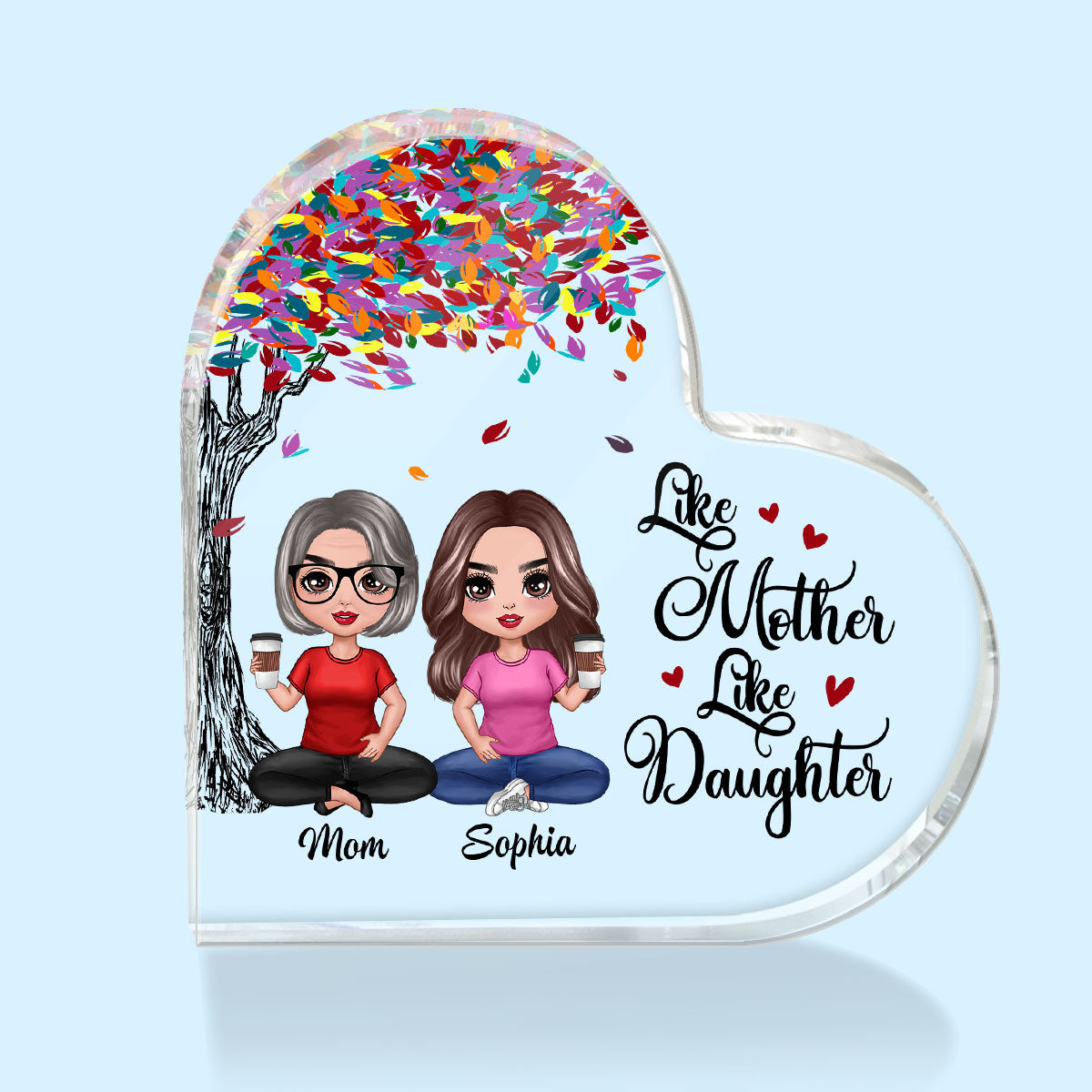 Doll Mom And Daughters Sitting Under Colorful Tree Personalized Heart Acrylic Plaque