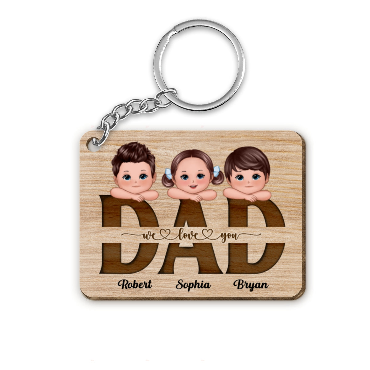 Dad Grandpa We Love You Cute Doll Kids On Hands Personalized Wooden Keychain