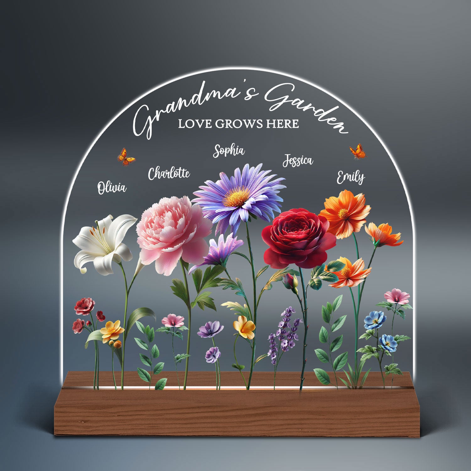 Grandma's Garden 3D Effect Birth Month Flowers Personalized Custom Shape Acrylic Warm LED Night Light
