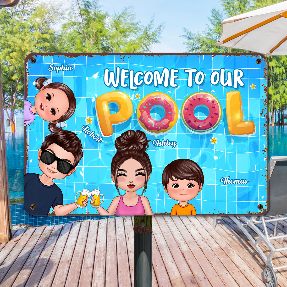 Doll Couple Dad Mom Kids Watercolor Cute Dogs Cats Summer Pool Welcome Personalized Metal Sign