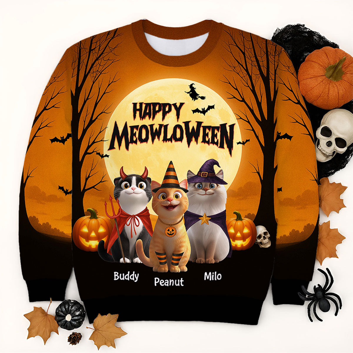 Happy Meowloween Personalized 3D Sweatshirt, Halloween Costume for Cat Lovers