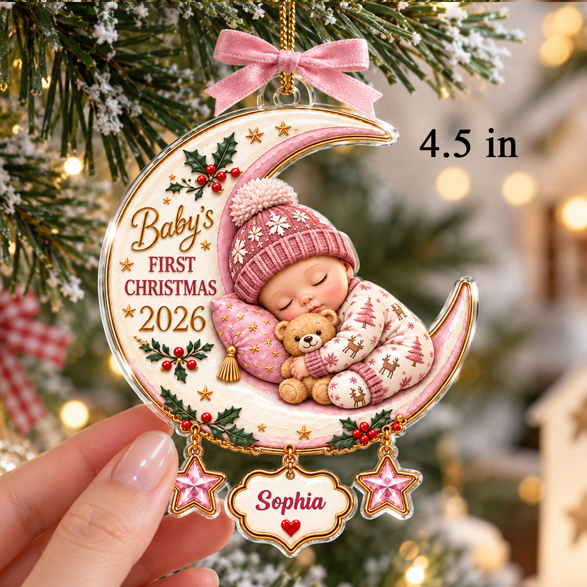 Baby's First Christmas Custom Name Moon & Star - Personalized Acrylic Ornament - Newborn Christmas Gift for New Parents