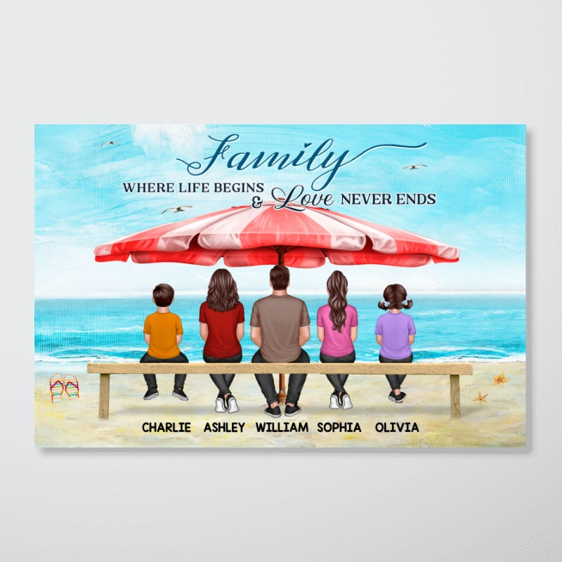 Family Back View Sitting On Bench At Beach Personalized Horizontal Poster