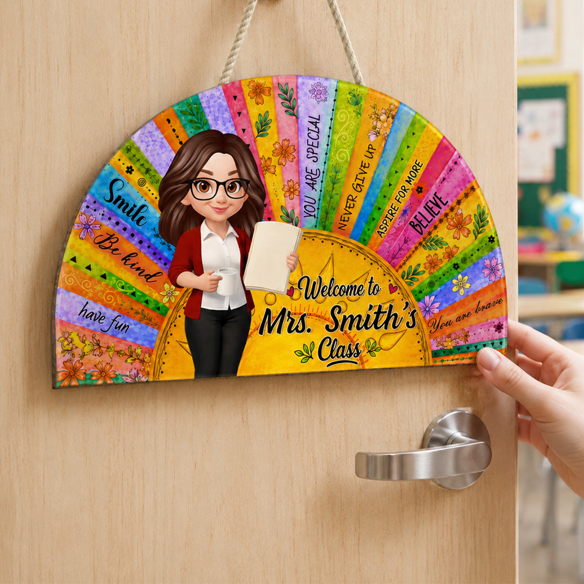 Welcome To Teacher Classroom Boho Sun Colorful Message - Personalized Door Hanger Sign - Back To School Gift For Teacher