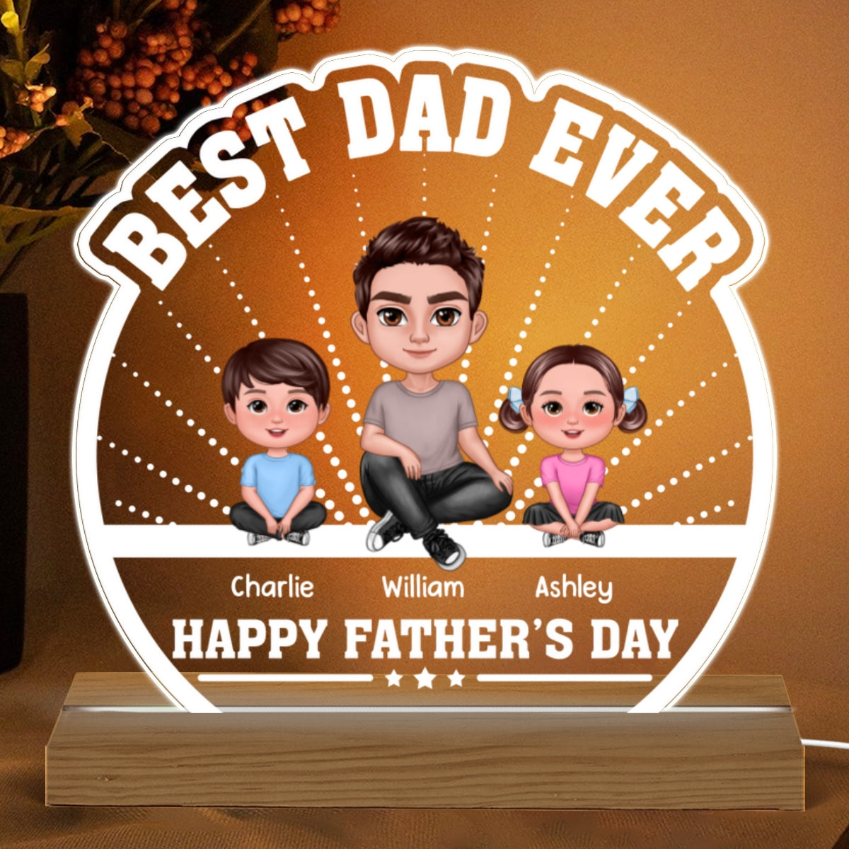 Best Dad Ever Doll Man Sitting With Kids Dog Cat Personalized Custom Shaped Acrylic Plaque With Warm LED Night Light