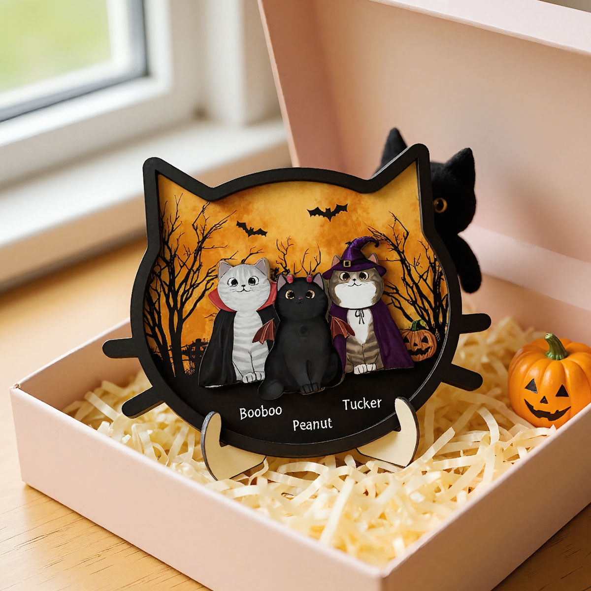 Spooky Halloween Theme Cat Face Personalized 2-Layer Wooden Plaque