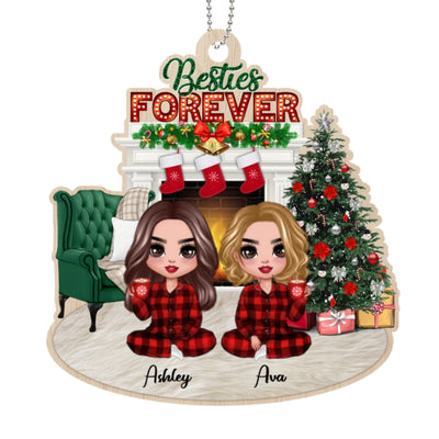 Christmas Doll Besties Sitting At Fireplace Personalized Wooden Ornament