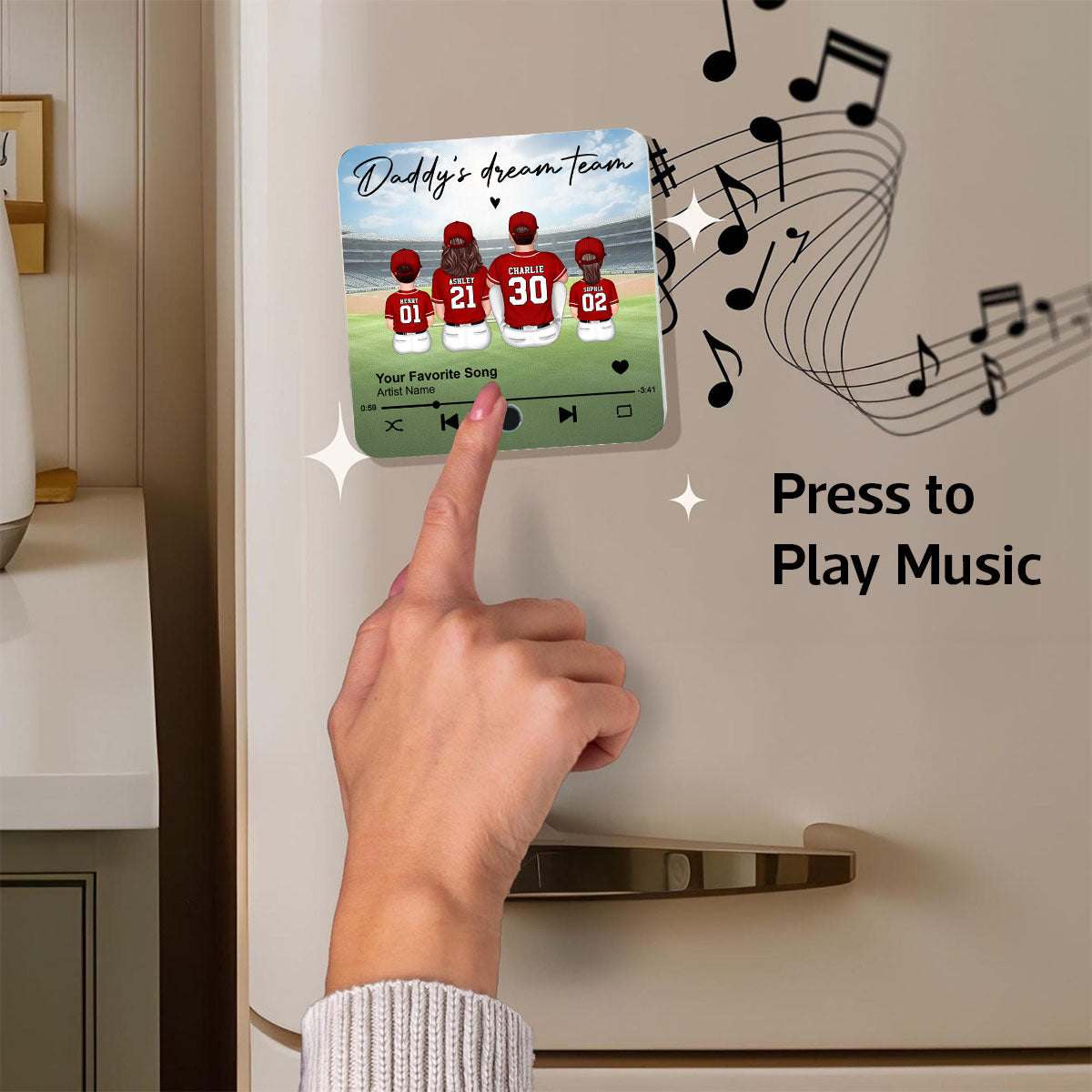 Daddy's Team Baseball Family Sitting Personalized Personalized Music Fridge Magnet, Heartfelt Gift For Dad