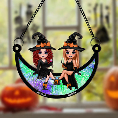 Halloween Witch Besties Sitting On Moon Personalized Window Hanging Suncatcher Ornament, Halloween Decor
