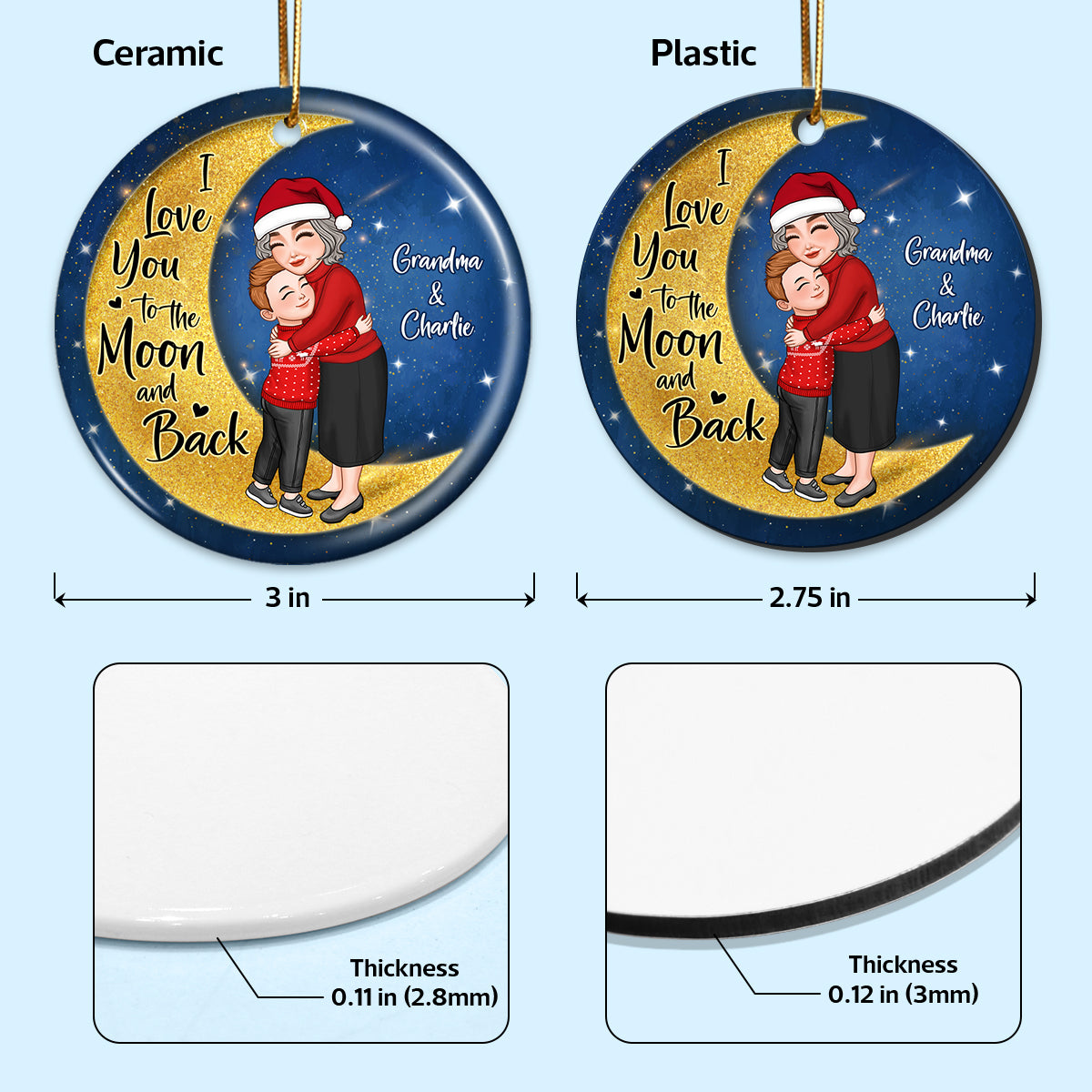 Grandma Grandkid Hugging On Watercolor Moon Personalized Circle Ornament