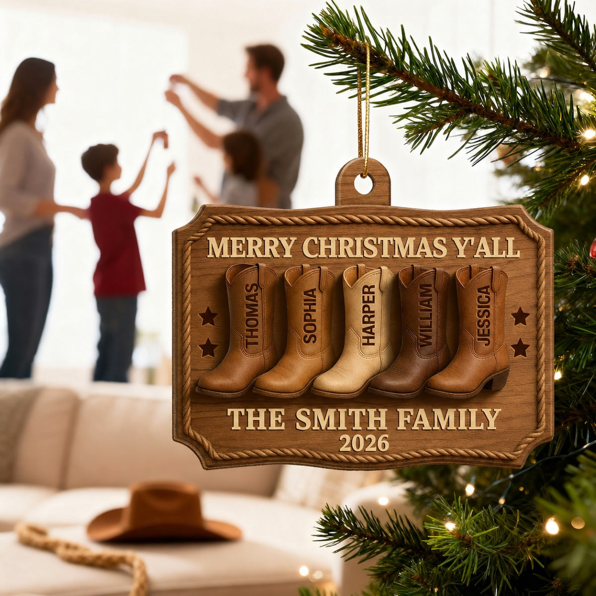 3D Effect Christmas Family Cowboy Boots Merry Christmas Y'all - Personalized Wooden Ornament - Gift For Family