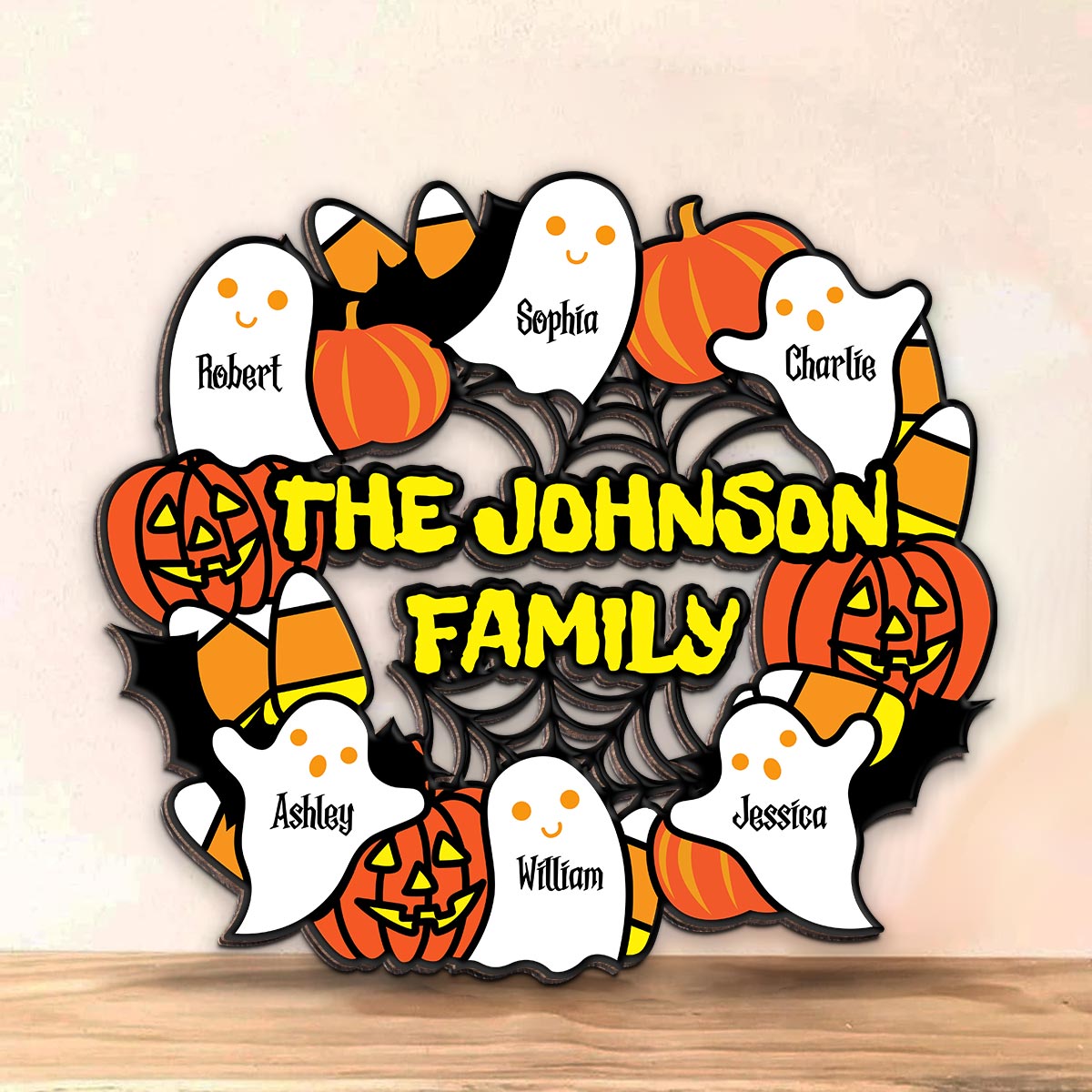 Halloween Family Wreath Shaped Personalized Wood Sign