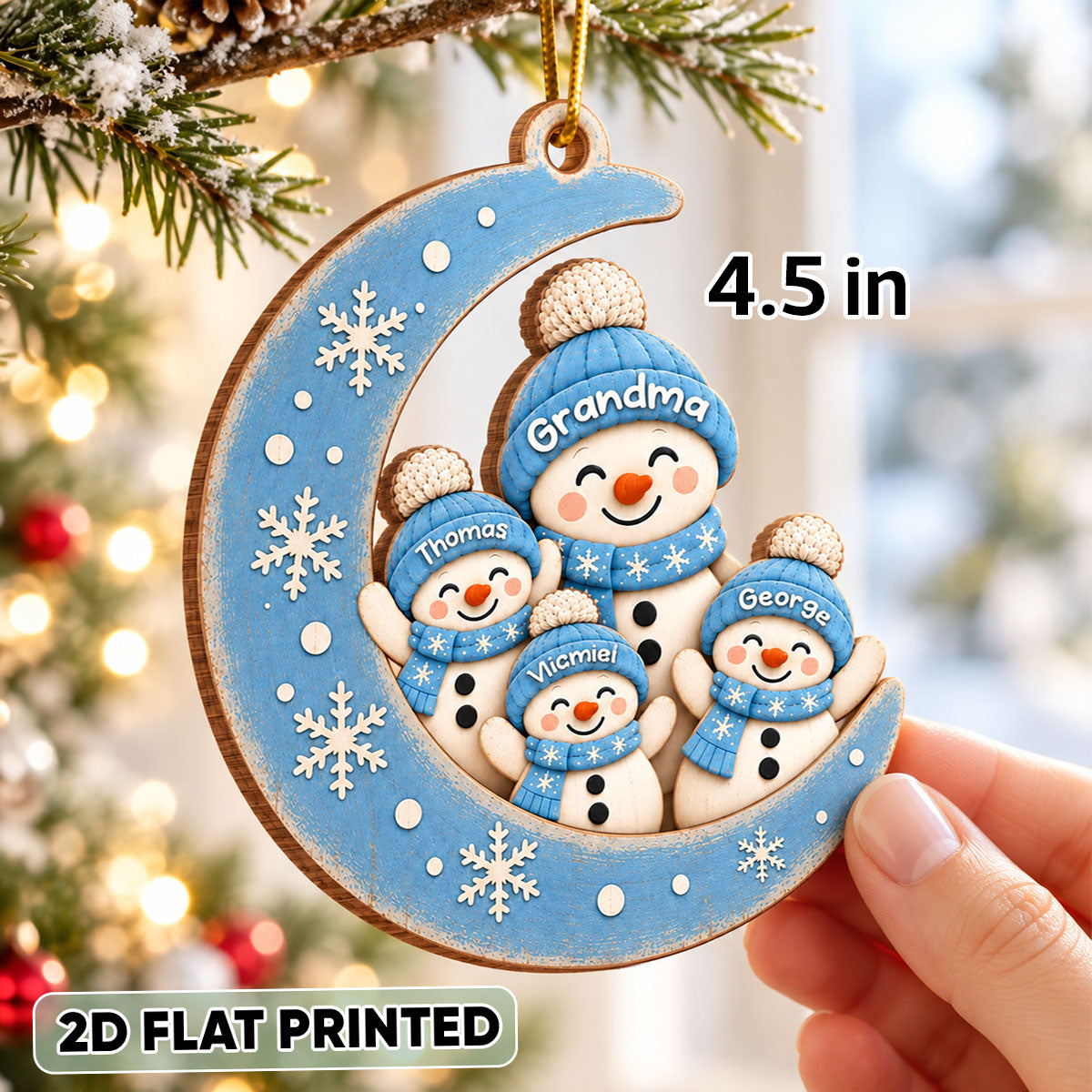 Blue Winter Grandma Grandkids Snowman On Moon - Personalized Wooden Ornament - Christmas Gift for Grandma