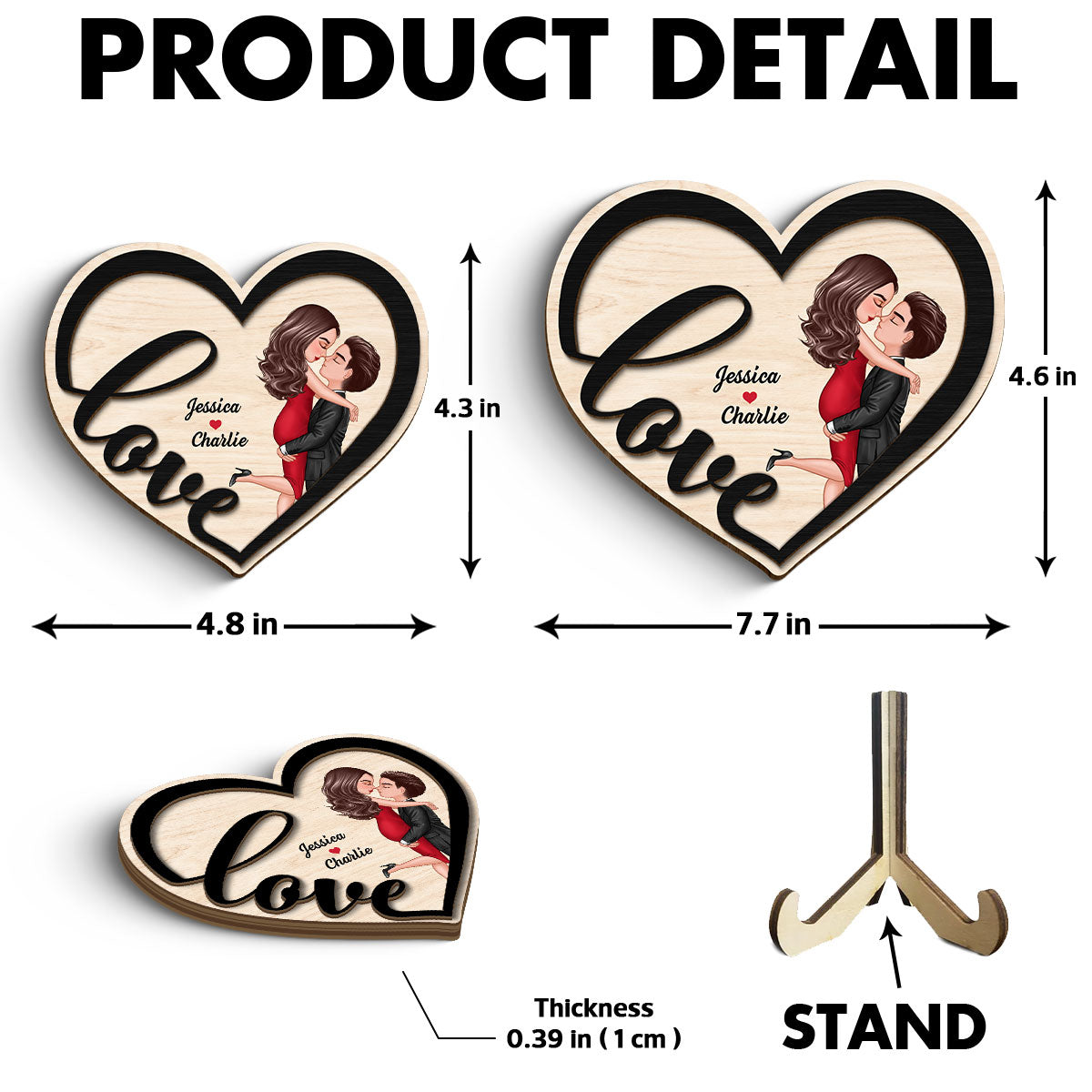 Couple Love Heart Hugging Kissing Personalized 2-layer Wooden Plaque