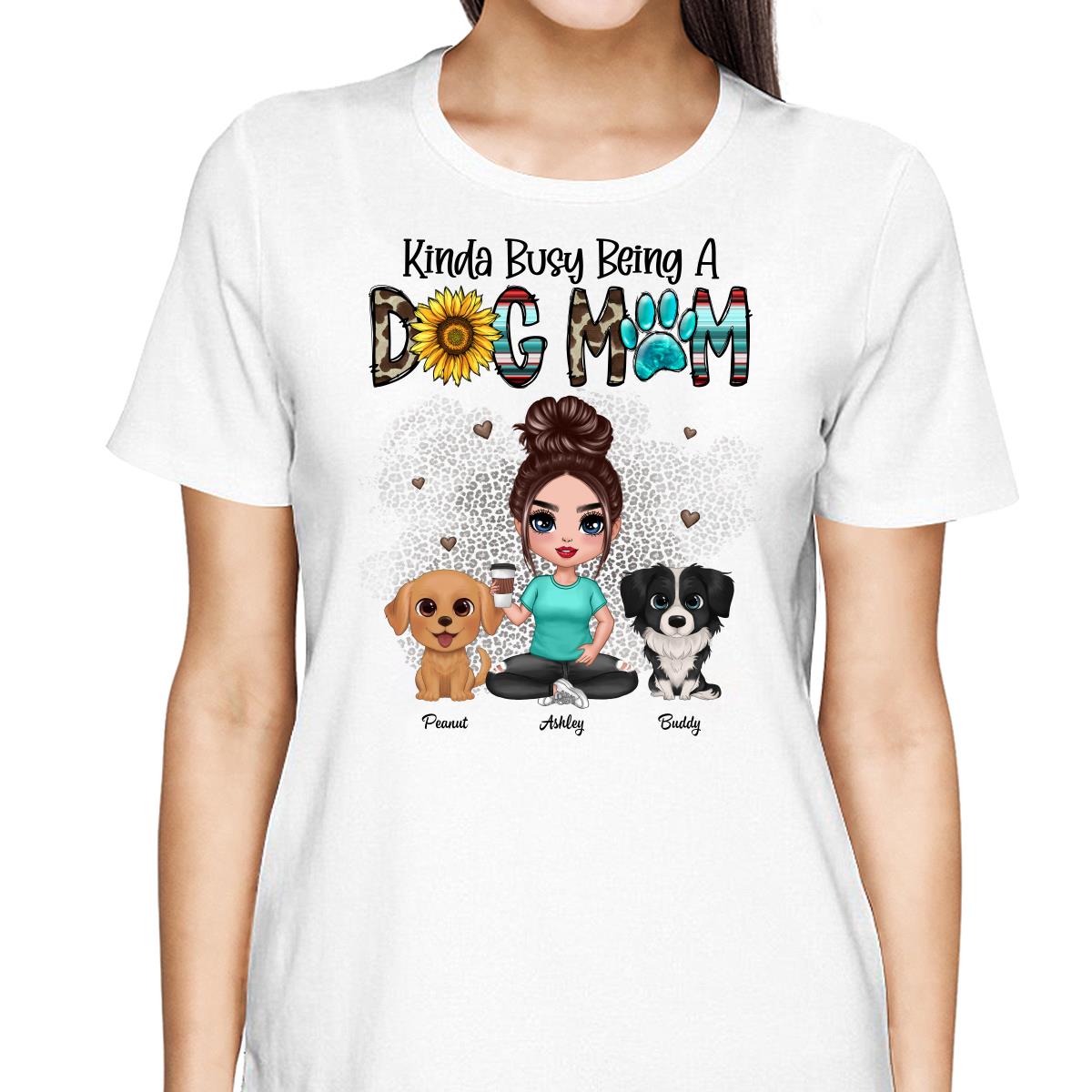 Kinda Busy Being A Dog Mom Western Pattern Teal Leopard Sunflower Doll Girl & Watercolor Dog Personalized Shirt