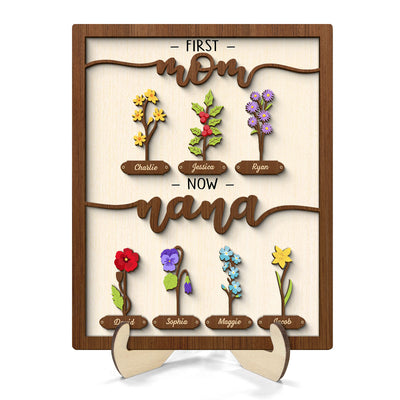First Mom Now Grandma Simple Birth Month Flowers Personalized 2-layer Wooden Plaque