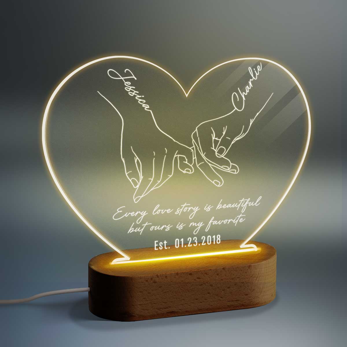 Simple Couple Name Hand In Hand Outline Personalized Heart Plaque with LED Night Light - Valentine‘s Day Gift - Anniversary Gift