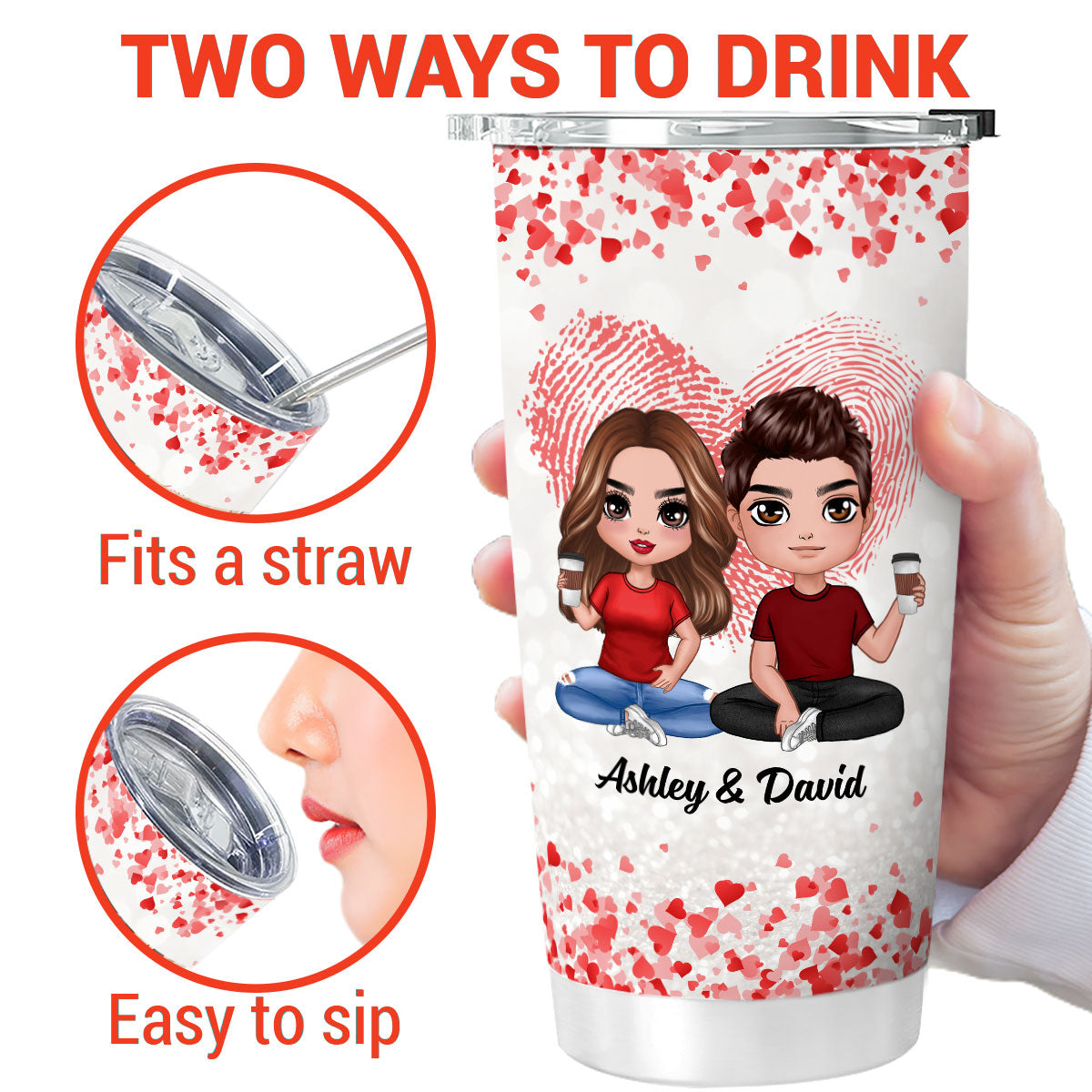Hearts Flying Doll Couple Sitting  Anniversary Day Gift For Him For Her Personalized Tumbler