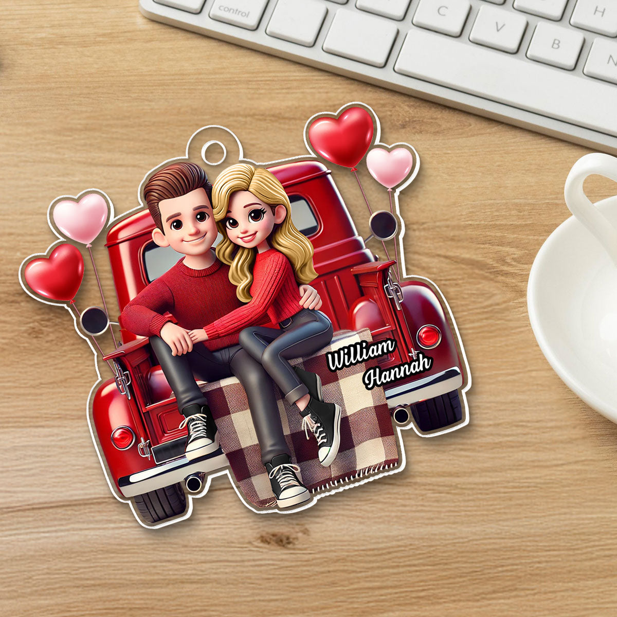 3D Effect Couple Sitting On Red Truck Personalized Acrylic Car Hanger,  Gift, Anniversary Gift For Couples
