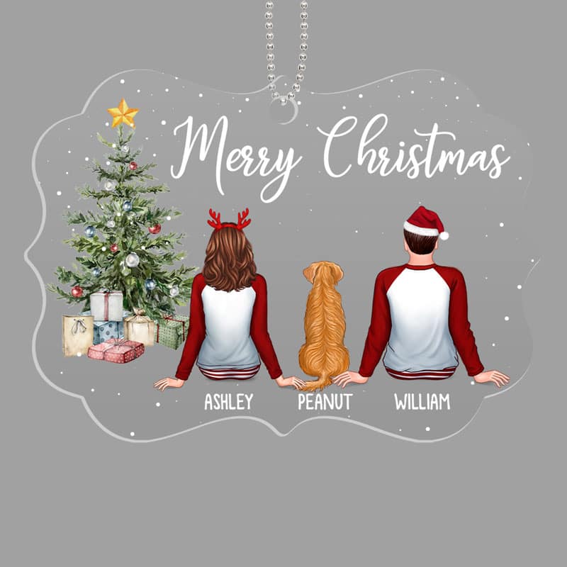 Christmas Pajamas Couple & Dogs Sitting By Christmas Tree Personalized Acrylic Ornament