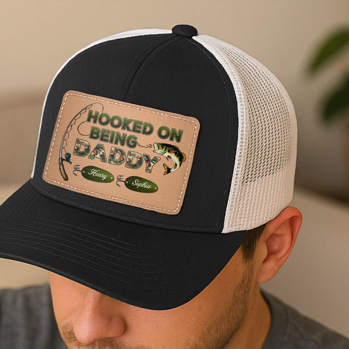 Hooked On Being Grandpa Papa Fishing Camouflage Personalized Leather Patch Hat, Father's Day gift