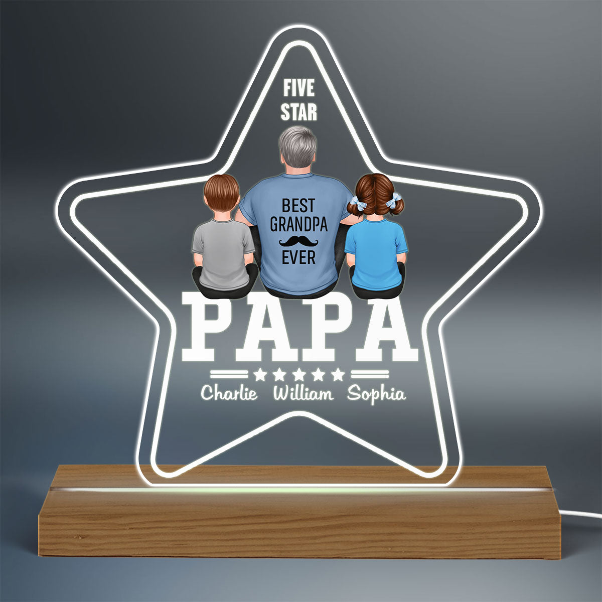 Five - Star Papa Back View Man And Kids Personalized Warm Acrylic Custom Shape LED Night Light