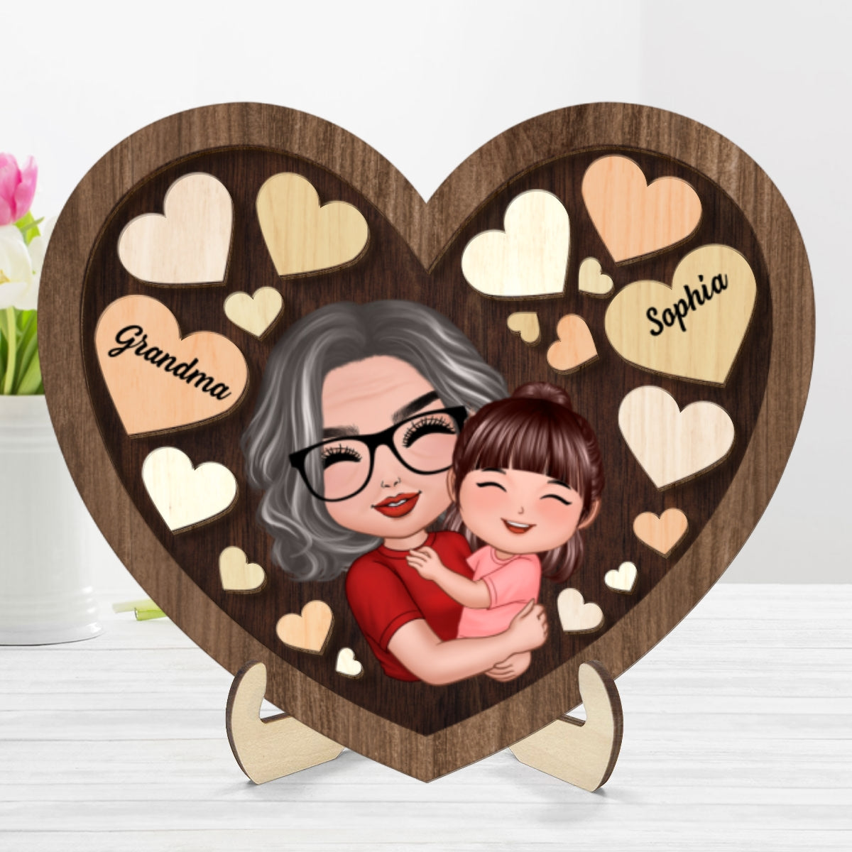 Mom Grandma Holding Kid In Heart Personalized 2-layer Wooden Plaque