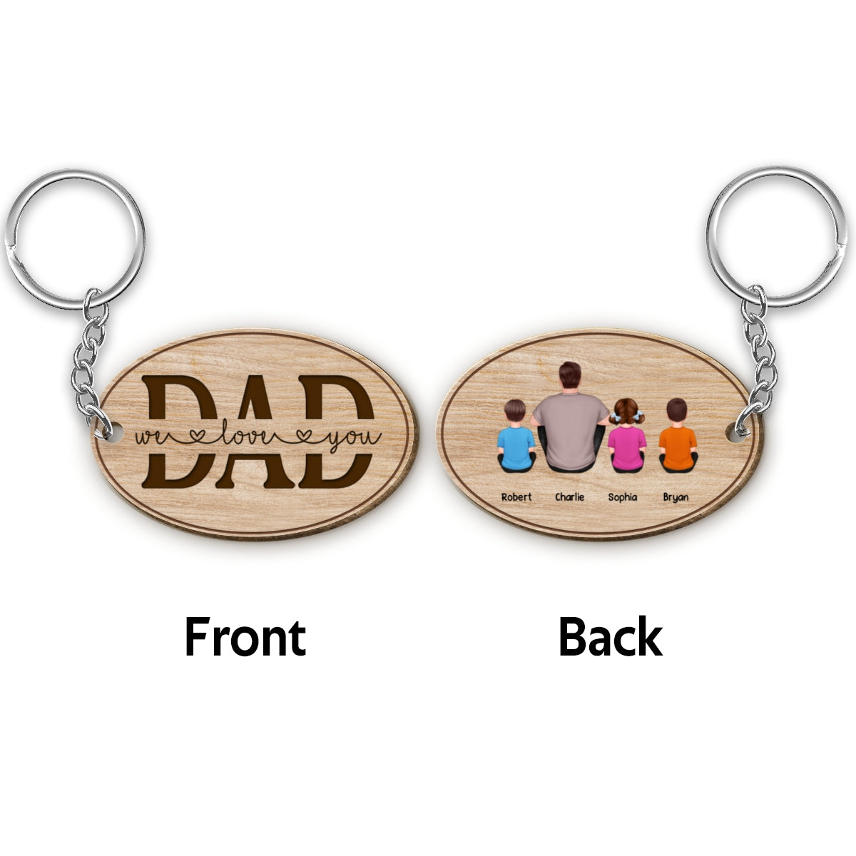 Best Dad Ever Back View Man Kids Dog Cat Personalized Oval Shaped Wooden Keychain