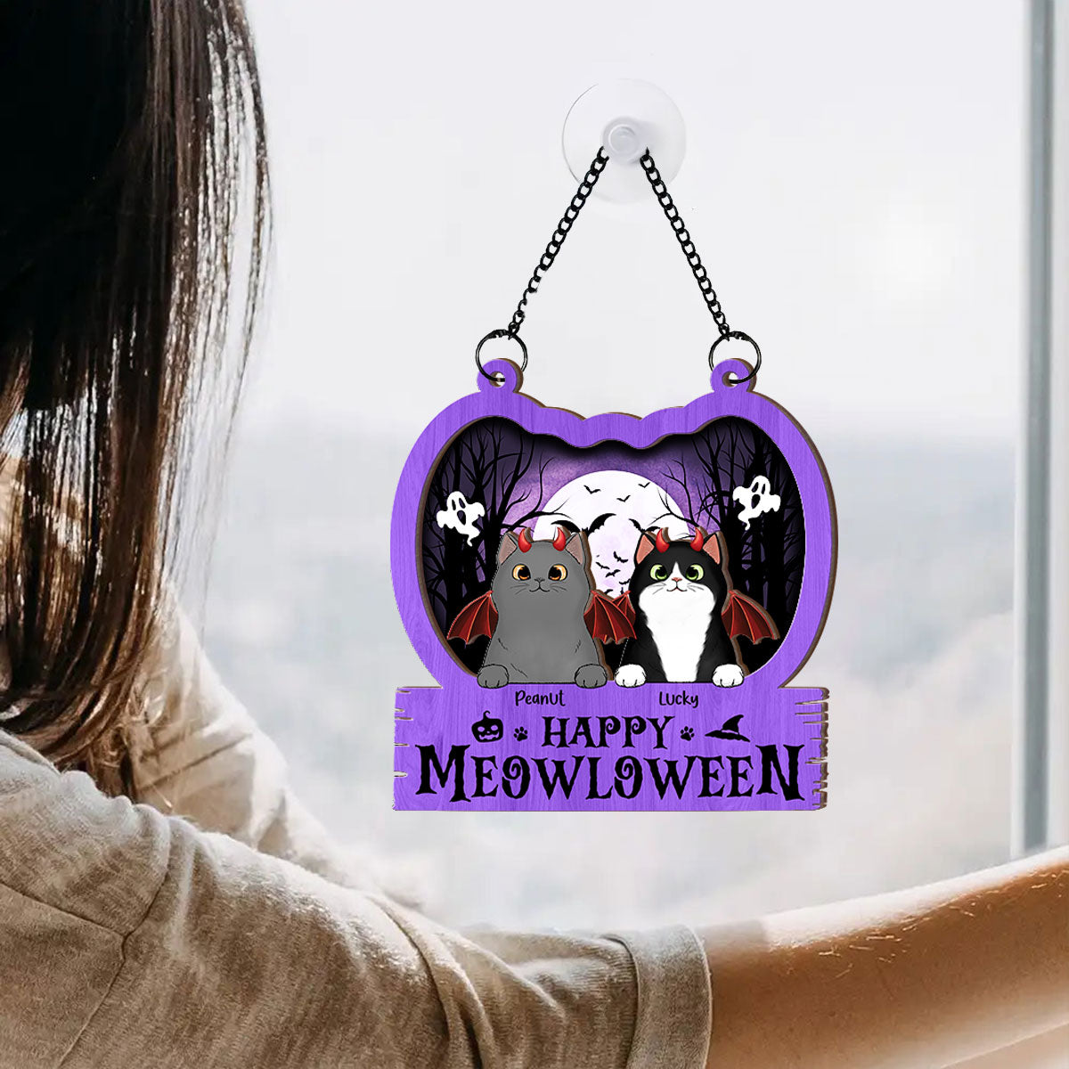 Halloween Cats In Pumpkin Personalized Suncatcher, Halloween Decor