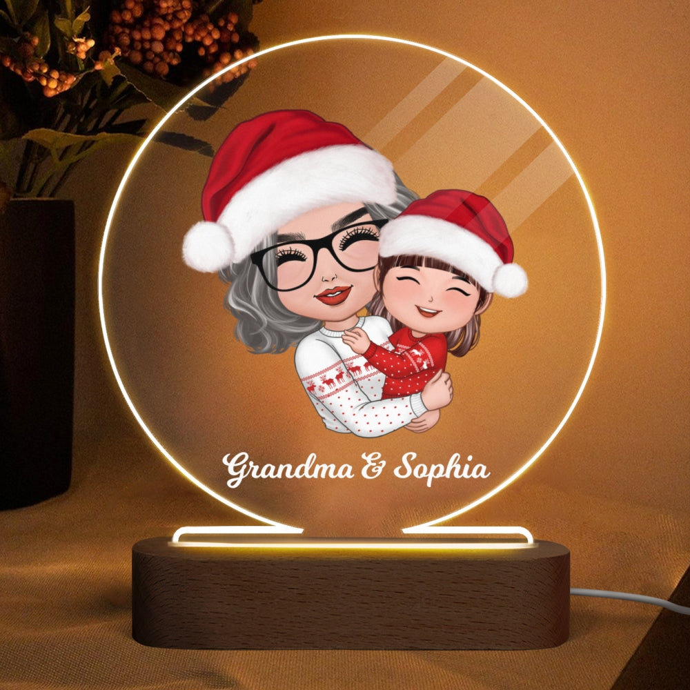 Doll Grandma Mom Hugging Kid Christmas Gift For Granddaughter Grandson Personalized Circle LED Night Light Acrylic LED Lamp