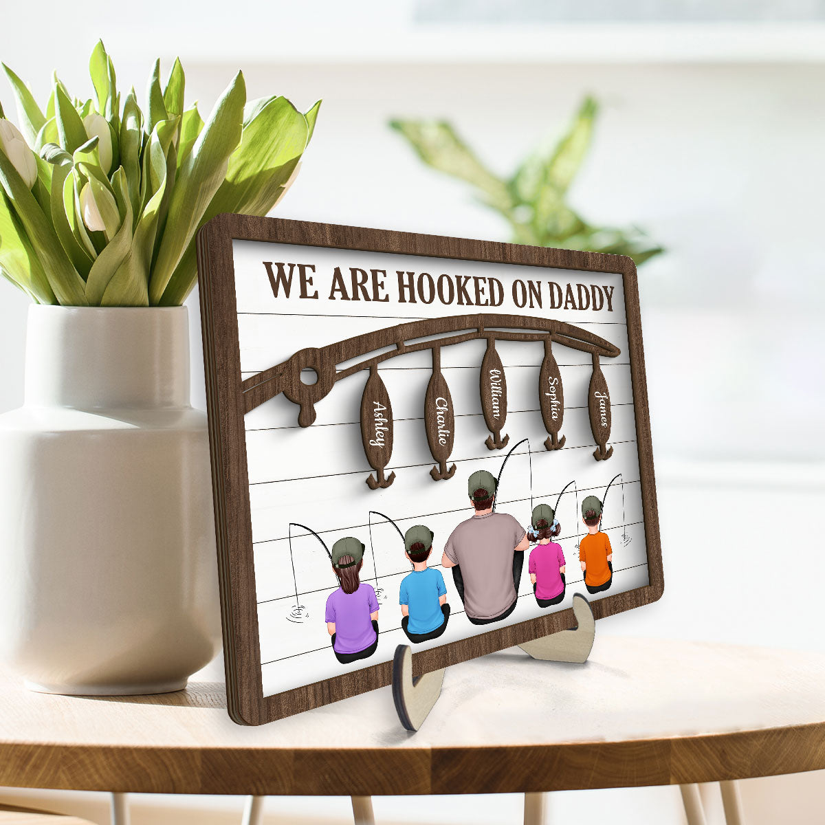 Hooked On Being Fishing Dad Grandpa Sitting Back View Personalized 2-Layer Wooden Plaque