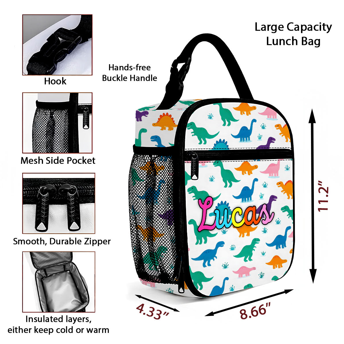 Personalized Insulated Kid Lunch Bag, Custom Kid Name Back to School Meal Tote Kit for Girls, Boys