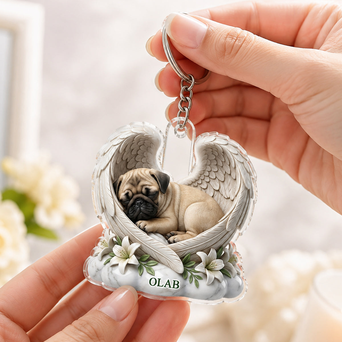 Custom Dog Cat Angel Wings Statue - Personalized Acrylic Keychain - Heartfelt Pet Memorial Gift
